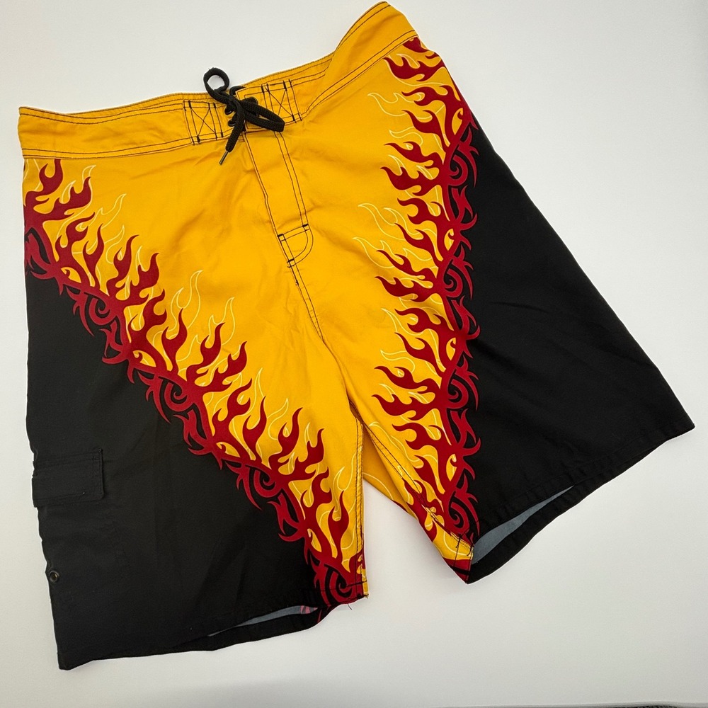 Phys Sci Men's Board Shorts 36 Yellow Black Flame Print Swim Trunks Cargo Pocket